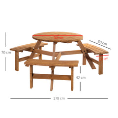 Kozy 6 Seater Wooden Picnic Table and Garden Benches Set, Round Garden Dining Set with 3 Benches and Umbrella Hole Outdoor Garden Park, Brownish Red