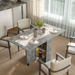 Kozy Folding Dining Table, Drop Leaf Table with 2-Tier Shelves, Rolling Casters, for Small Spaces, Kitchen, Cement Grey