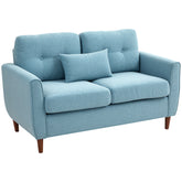 Kozy 2 Seater Sofa with Spring Cushion, Fabric Sofa with Wooden Legs, Modern Love Seat for Living Room, 140cm Width Tufted Couch for Bedroom, Light Blue