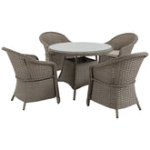 Kozy 4 Seater Rattan Garden Furniture Set with Cushions, Round PE Rattan Dining Set with Glass-Top Table, Umbrella Hole, Outdoor Garden Table and Chairs, Mixed Grey
