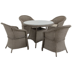 Kozy 4 Seater Rattan Garden Furniture Set with Cushions, Round PE Rattan Dining Set with Glass-Top Table, Umbrella Hole, Outdoor Garden Table and Chairs, Mixed Grey