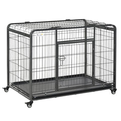 PawHut Heavy Duty Dog Crates Foldable Indoor Dog Kennel & Dog Cage Pet Playpen w/ Double Doors Removable Tray Lockable Wheels Openable Top | Aosom UK