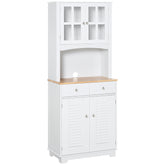Kozy Modern Kitchen Cupboard, Louvered Kitchen Storage Cabinet with Framed Glass Doors and 2 Drawers, White