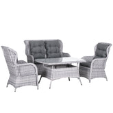Kozy Garden PE Rattan Dining Sofa Set, Outdoor 4 Seater Wicker Furniture, High Back Chairs with Cushions, Tempered Glass Coffee Table for Patio, Mixed Grey