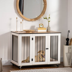 Kozy Dog Crate Furniture, Dog Cage End Table, with Wheels, for Large Dogs, 106 x 60 x 82 cm - White