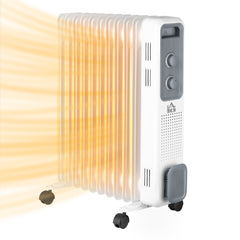 Kozy 2500W Oil Filled Radiator, 11 Fin, Portable Electric Heater with 3 Heat Settings, Safety Cut-Off and Wheels, White