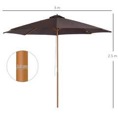 Kozy 3(m) Garden Parasol, Pulley Operated Patio Umbrella, Wooden Parasol, Table Market Umbrella with Rope Pulley Mechanism and 8 Ribs, Coffee