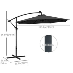 Kozy 3m LED Patio Banana Umbrella Cantilever Parasol w/ Crank Cross Base Hanging Offset Umbrella Frame Steel Aluminium Garden Table Outdoor Black