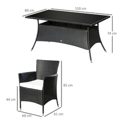 Kozy 6 Seater Rattan Dining Set with Cushions, Rattan Garden Furniture Set with 6 Armchairs, Rectangular Glass Top Table, Outdoor Dining Table and Chairs, Black