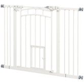 PawHut Stair Dog Gate with Cat Door, Pressure Fit, Auto Close, Double Lock, 74-100cm Openings, White | Aosom UK