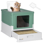 Kozy Hooded Cat Litter Box, Portable Pet Toilet, with Scoop, Front Entry - Green