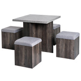Kozy 5PC Dining Set Garden Patio Wooden Set 4 Storage Stools Footrest Ottoman with Cushions + 1 Table Space Saving Design Indoor Outdoor