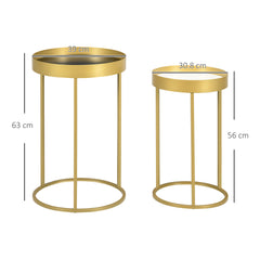 Kozy Nest of Tables, Round Coffee Table Set of 2, Nesting Tables with Embedded Tabletop and Metal Frame, Gold Side Table for Living Room, Bedroom