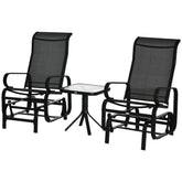 Kozy 3 Pieces Garden Gliding Chair Set, Metal Frame 2 Single Armchair Swing Seater and 1 Glass Top Coffee Table w/ Breath Mesh Fabric Seat, Black