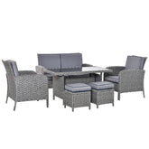 Kozy 6 Pieces Rattan Garden Furniture Set, 6 Seater Garden Sofa Set with Glass Top Dining Table, Loveseat, 2 Armchairs and Ottomans, Wicker Outdoor Conservatory Furniture for Patio, Grey