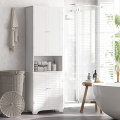 Kozy Tall Freestanding Bathroom Cabinet Retro Shutters w/ 3 Compartments Shelves Elevated Base Narrow Organiser White 60L x 30W x 182.5H cm