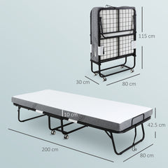 Kozy Folding Bed with 10cm Mattress, Portable Foldable Guest Bed with Sturdy Metal Frame on Wheels