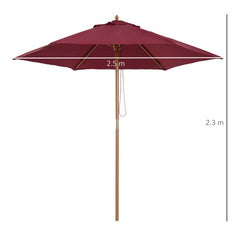 Outsunny Wooden Garden Parasol, 2.5m Outdoor Umbrella Sun Shade with Pulley System, Wine Red | Aosom UK