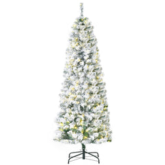 HOMCOM 6 Feet Prelit Artificial Snow Flocked Christmas Tree with Warm White LED Light, Holiday Home Xmas Decoration, Green White