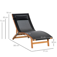 Kozy Ergonomic Patio Lounge Chair Wooden Outdoor Chaise w/ 3 Adjustable Back and Removable Headrest Pillow for Garden Black