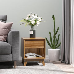 Kozy Modern Bedside Table Nightstand, Living Room End Table, Side Table with Drawer and Shelf, Walnut Brown