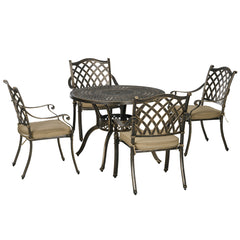 Kozy 4 Seater Outdoor Dining Set Antique Cast Aluminium Garden Furniture Set with Cushions Round Dining Table with Parasol Hole, Bronze