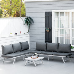 Kozy 3 Pieces Garden Furniture Sets, 6 Seater Corner Sofa Set with Adjustable Backrest Chase Lounge with Slatted Metal Top Table, Padded Cushion, Grey