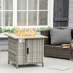 Outsunny Outdoor PE Rattan Gas Fire Pit Table, Patio Square Propane Heater w/ Rain Cover, Glass Windscreen & Lava Stone, 50000 BTU, Grey | Aosom UK