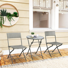 Kozy 3 Pieces Rattan Bistro Set, Wicker Folding Garden Furniture Set with Glass Top Coffee Table and Chairs for Outdoor, Patio, Balcony, Grey