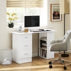 Kozy - Computer Desk, Writing Table, PC Workstation with 3 Storage Shelves and Drawers, Silver Handle, for Home Office, White