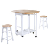 Kozy 3 Pieces Dining Room Set, Mobile Foldable Dining Table and 2 Stools with Storage Shelf, 2 Drawers and 6 Wheels, Drop Leaf Bar Table and Stools for Home Kitchen Pub, White