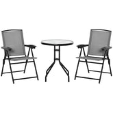 Kozy 3 Piece Outdoor Bistro Set, Patio Conversation Furniture Set with 2 Folding Backrest Adjustable Armchairs and Glass Top Coffee Table, Grey
