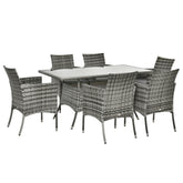 Kozy 7-Piece Rattan Garden Furniture Set with Cushions, 6 Seater Garden Table and Chairs, Rattan Dining Set with 6 Armchairs, Rectangular Glass Top Table, Grey
