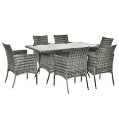 Kozy 7-Piece Rattan Garden Furniture Set with Cushions, 6 Seater Garden Table and Chairs, Rattan Dining Set with 6 Armchairs, Rectangular Glass Top Table, Grey