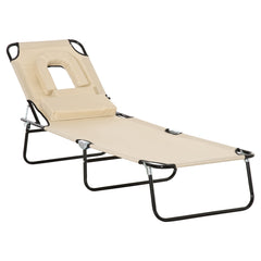 Kozy Outdoor Folding Sun Lounger with Face Hole, 4 Level Adjustable Backrest Reclining Garden Lounger, Garden Recliner Sunbed with 600 D Oxford Cloth Seat and Pillow for Beach, Beige