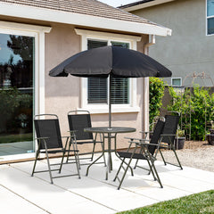 Kozy 6 Piece Garden Dining Set with Umbrella, Patio Sets with Parasol with 4 Folding Dining Chairs & Round Tempered Glass Table, Black