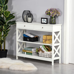 Kozy Console Table Side Desk w/ Shelves Drawers Open Top X Support Frame Living Room Hallway Home Office Furniture White