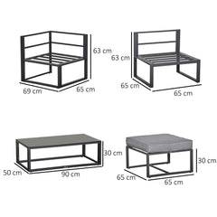 Kozy 5 Pieces Outdoor Patio Furniture Set, Sofa Couch with Glass Coffee Table, Cushioned Chairs and Aluminum Tube, for Balcony Garden Backyard, Grey