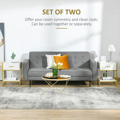 Kozy Set of Two Elegant Bedside Tables - White/Gold-Tone