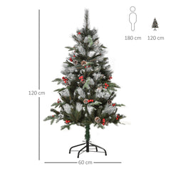 Kozy 4FT Artificial Snow Dipped Christmas Tree Xmas Pencil Tree Holiday Home Party Decoration with Foldable Feet Red Berries White Pinecones, Green