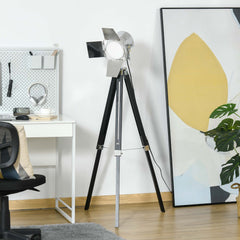 Kozy Industrial Tripod Floor Lamp, Nautical Cinema Standing Spotlight with Wood Legs and Adjustable Height for Living Room, Bedroom, Black and Silver