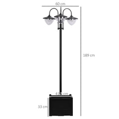 Kozy 189cm 3-head Solar Lamp Post, Street Light with Planter, Automatic-on, 6 Hour Max Outdoor Ready LED Lighting, Black