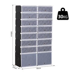 Kozy 16 Cube Shoe Rack, 2 x 8 Tier Shoe Storage Cabinet, Modular Plastic Shelves for Bedroom, Living Room and Entryway, Space Saving Footwear Organizer, 32 Pairs, White and Black