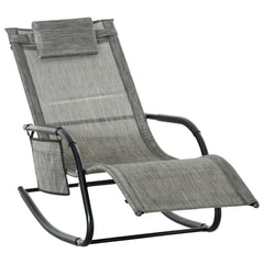 Kozy Outdoor Garden Rocking Chair, Patio Sun Lounger Rocker Chair with Breathable Mesh Fabric, Removable Headrest Pillow, Armrest, Side Storage Bag, Dark Grey