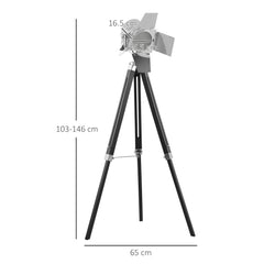 Kozy Industrial Tripod Floor Lamp, Nautical Cinema Standing Spotlight with Wood Legs and Adjustable Height for Living Room, Bedroom, Black and Silver