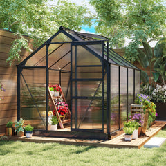 Kozy 6 x 8ft Polycarbonate Greenhouse, Large Walk-In Green House with Slide Door and Window, Garden Plants Grow House with Aluminium Frame and Foundation, Grey