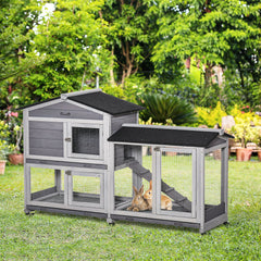PawHut Two-Tier Rabbit Hutch and Run Wooden Mobile Guinea Pig Hutch Bunny Cage w/ Wheels, Run, Slide-Out Tray, Ramp 157.4 x 53 x 99.5 cm | Aosom UK