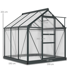 Kozy 6 x 6ft Polycarbonate Greenhouse, Large Walk-In Green House with Slide Door and Window, Garden Plants Grow House with Aluminium Frame and Foundation, Grey
