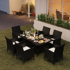 Kozy 6 Seater Rattan Dining Set with Cushions, Rattan Garden Furniture Set with 6 Armchairs, Rectangular Glass Top Table, Outdoor Dining Table and Chairs, Black