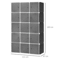 Kozy Portable Wardrobe for Bedroom, 15 Cube Closet with Hanging Rail, Modular Storage Cabinet, Plastic Armoire for Space Saving, White and Black